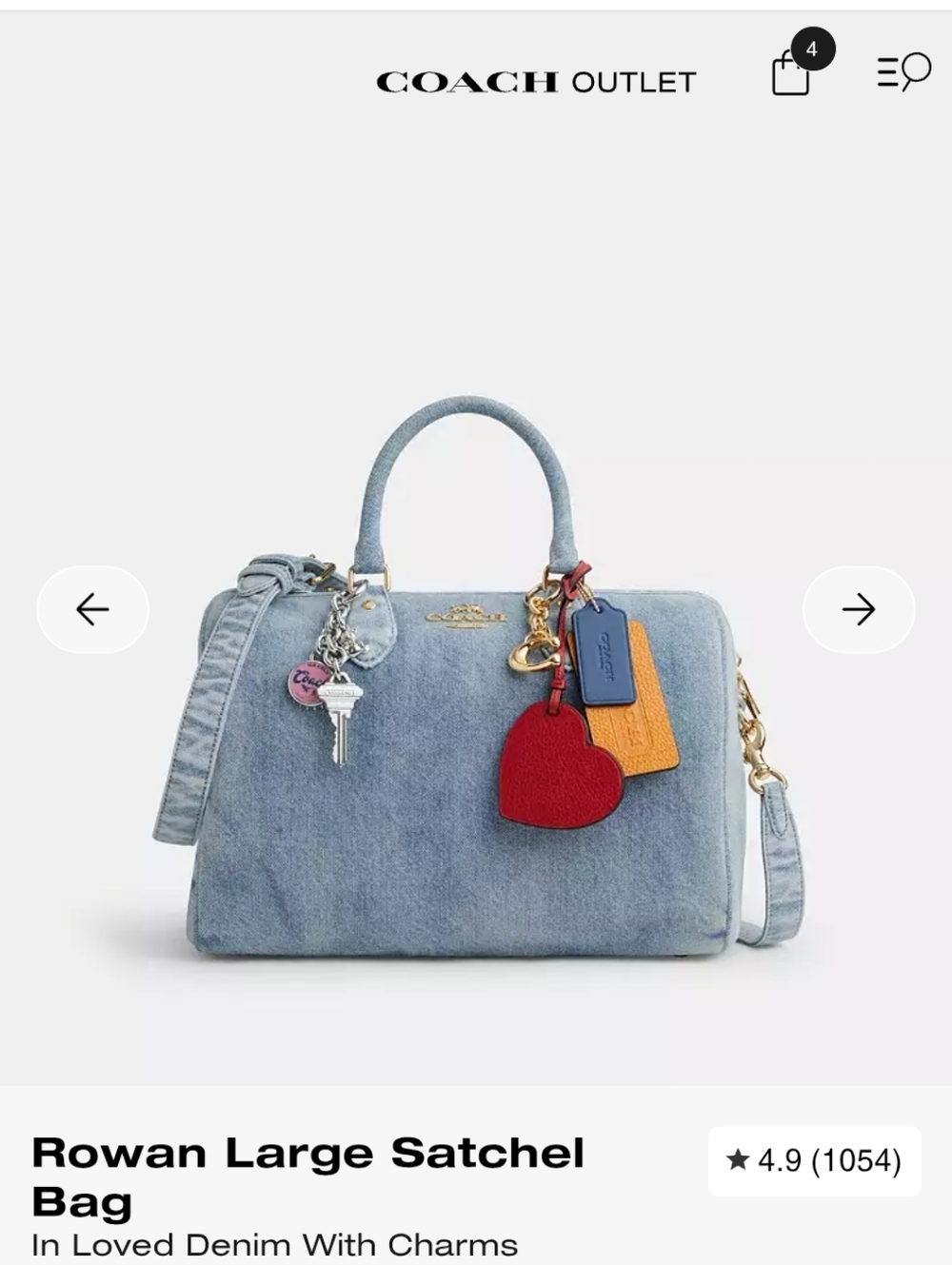 Coach Large Rowan Satchel in Light Denim with Charm
